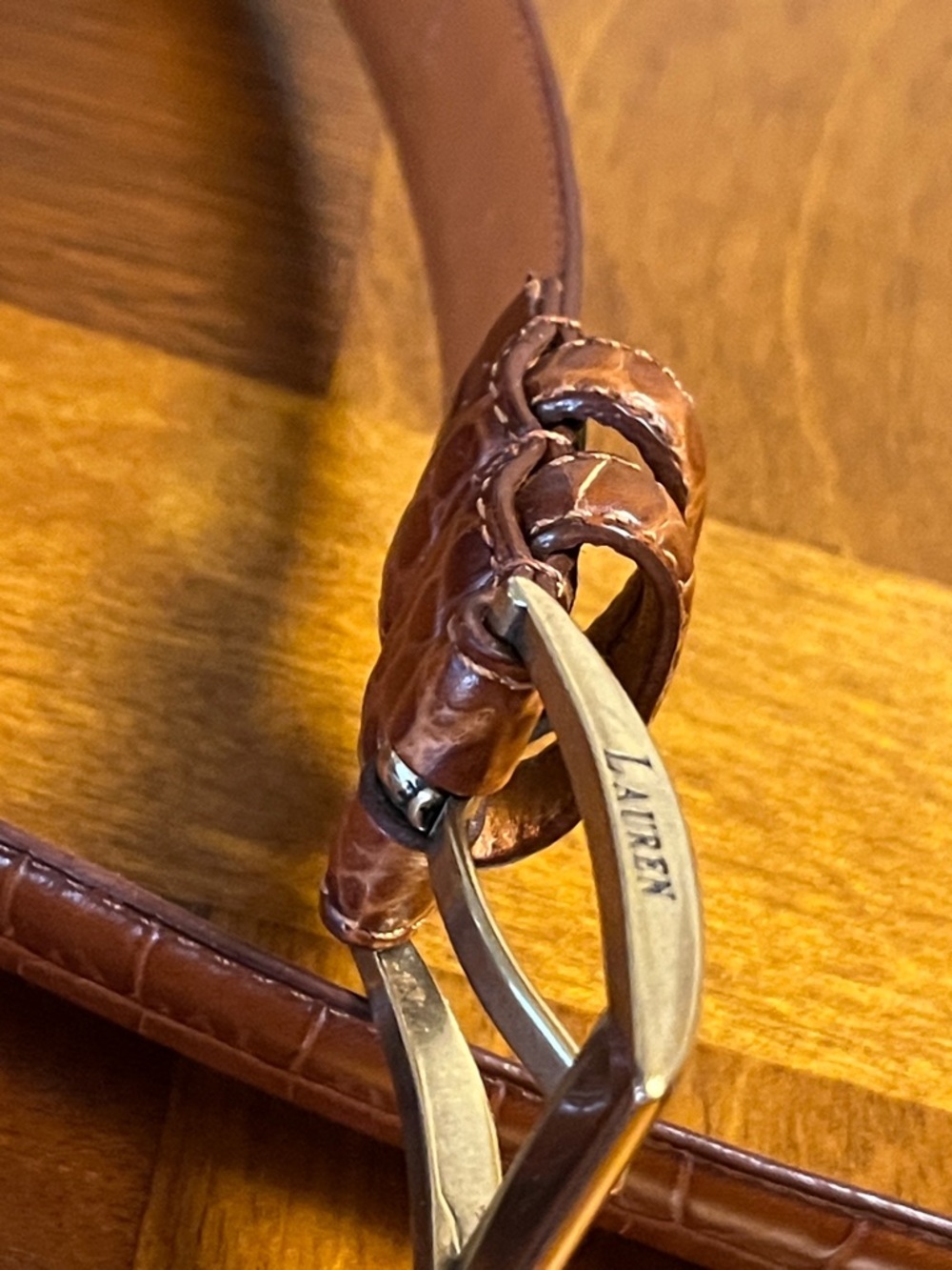 Lauren Ralph Lauren Tan Croc-Embossed Leather Belt with Gold-Tone Buckle, 38 in - Picture 13 of 16